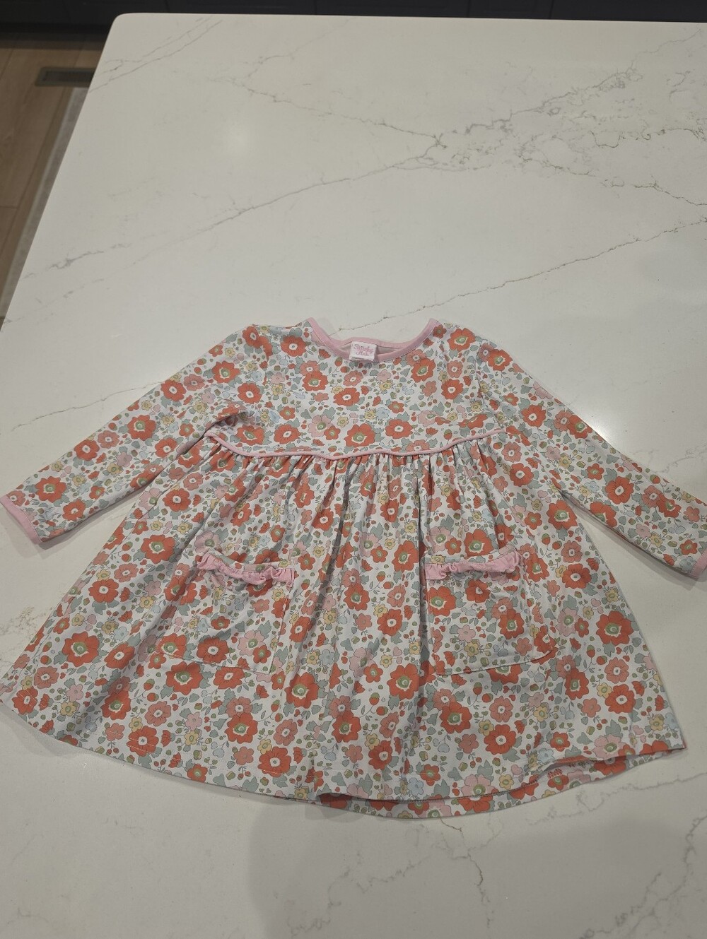 Girls Floral Long-Sleeve Cotton Dress in Pink & Orange